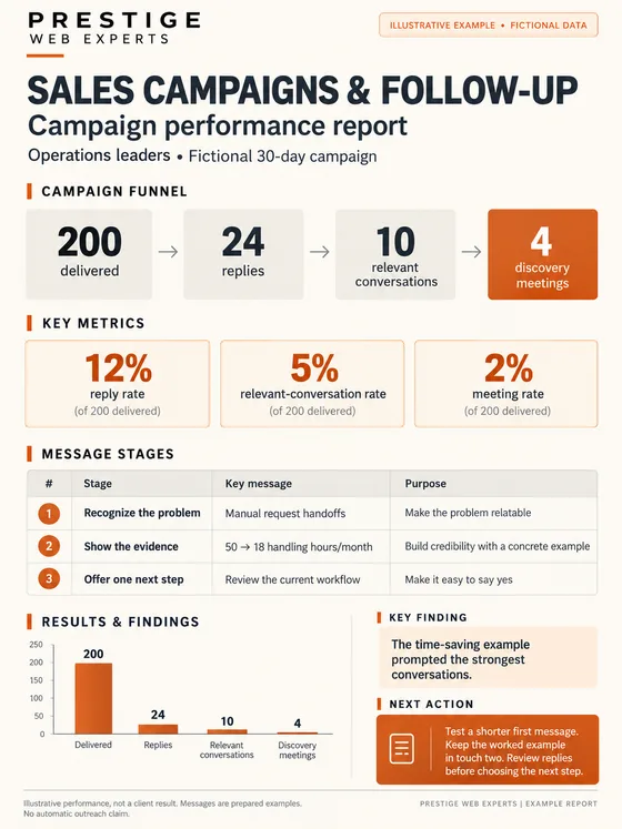 Illustrative Sales Campaigns and Follow-up report showing a fictional 30-day funnel, message stages and next action.