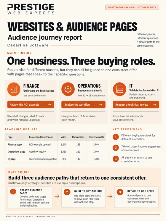 Illustrative Websites and Audience Pages report for fictional Cedarline Software showing Finance, Operations and IT journey cards.
