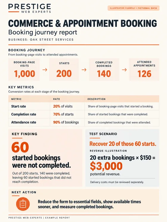 Illustrative Commerce and Appointment Booking report showing a fictional booking funnel, incomplete starts and next-step tests.