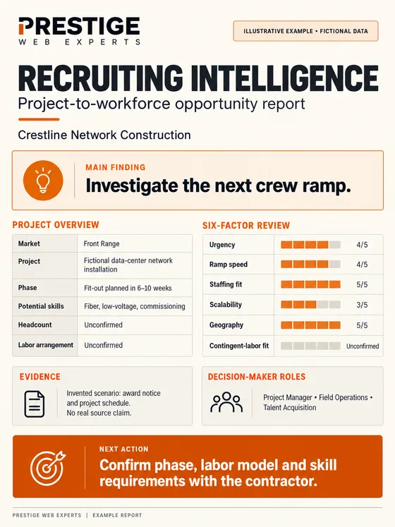 Illustrative Recruiting Intelligence report for fictional Crestline Network Construction showing project signals, six factor scores and unconfirmed workforce demand.