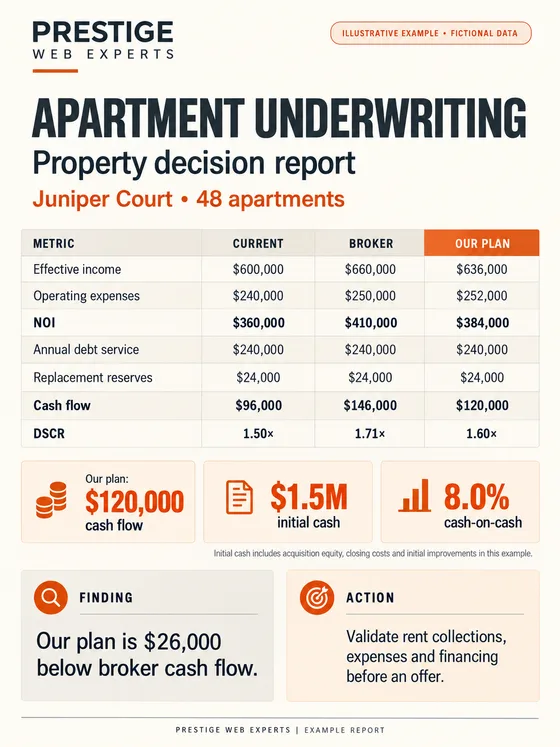Illustrative Apartment Underwriting property decision report for fictional Juniper Court showing current, broker and buyer plan cash flow scenarios.