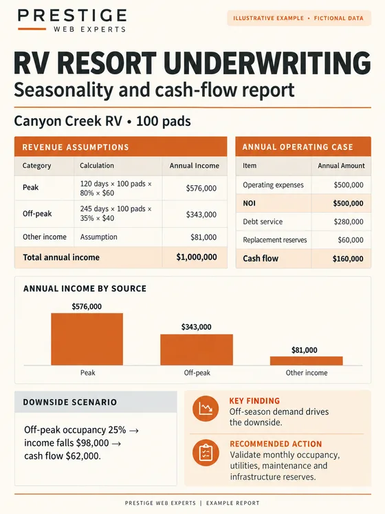 Illustrative RV Resort Underwriting report for fictional Canyon Creek RV showing seasonal income assumptions and downside cash flow.