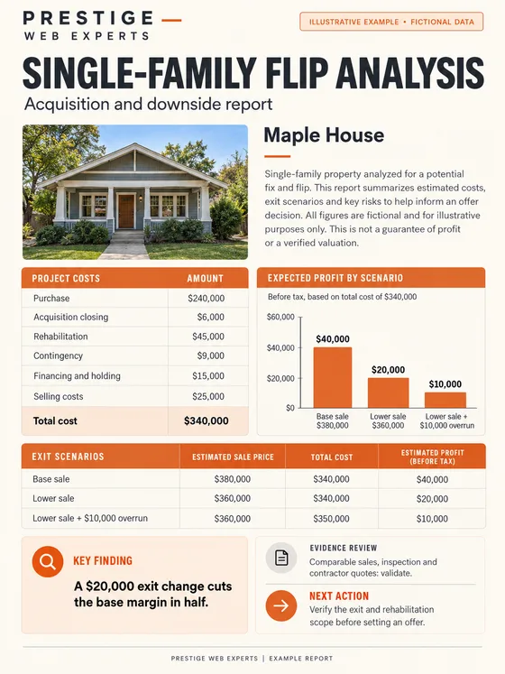 Illustrative Single-Family Flip Analysis report for fictional Maple House showing cost components and downside scenarios.