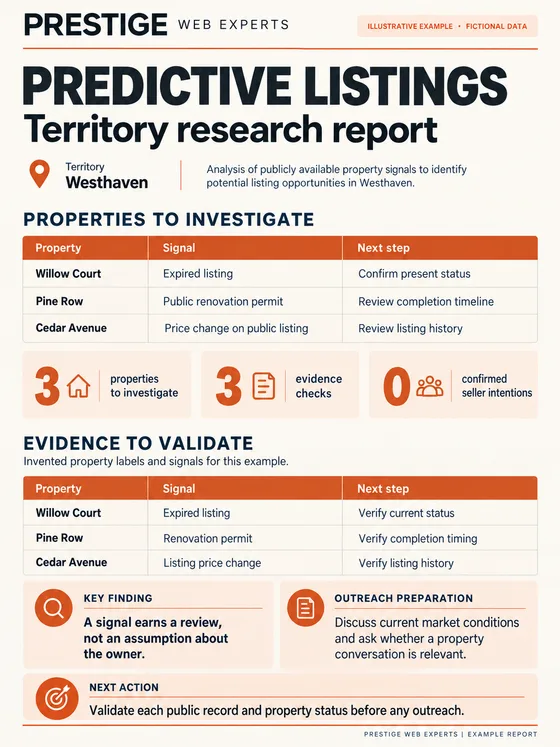 Illustrative Predictive Listings report for fictional Westhaven showing three property signals, evidence checks and no confirmed seller intentions.