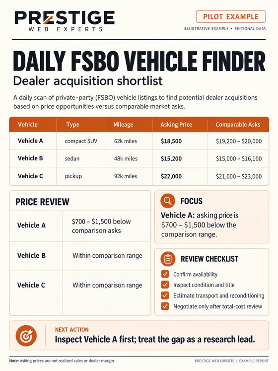 Illustrative Daily FSBO Vehicle Finder pilot report showing fictional vehicle listings, asking-price comparisons and acquisition checks.