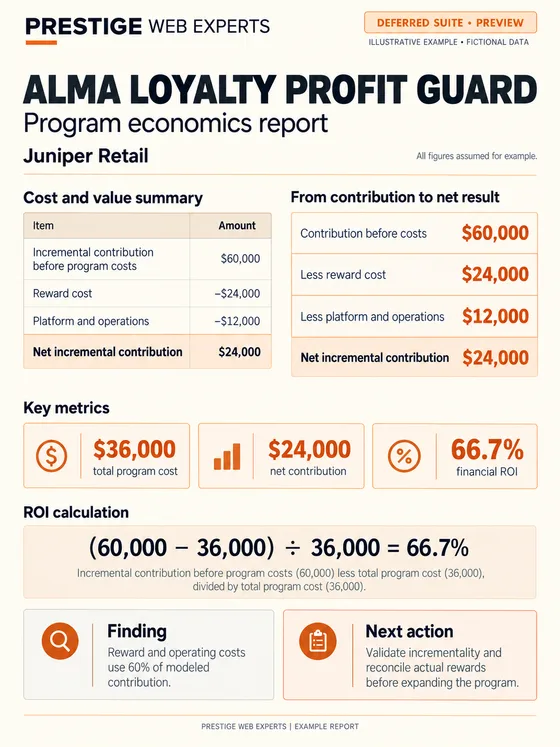 Illustrative deferred Alma Loyalty Profit Guard report for fictional Juniper Retail showing modeled contribution, reward and operating costs.