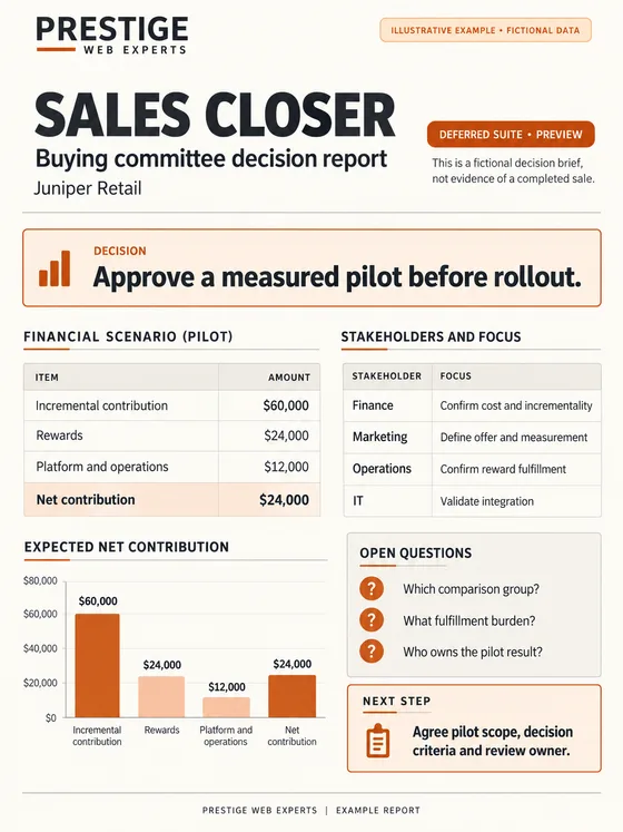 Illustrative deferred Sales Closer report for fictional Juniper Retail showing a buying committee decision and pilot checks.