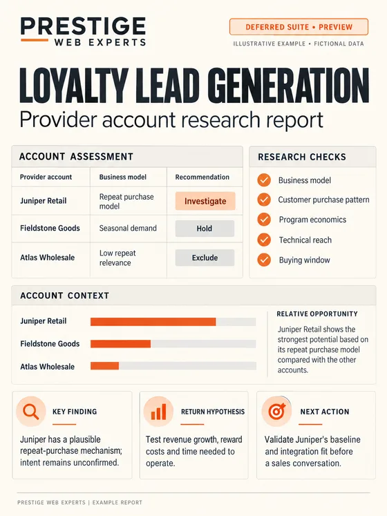 Illustrative deferred Loyalty Lead Generation report showing fictional provider accounts, research checks and unresolved intent.