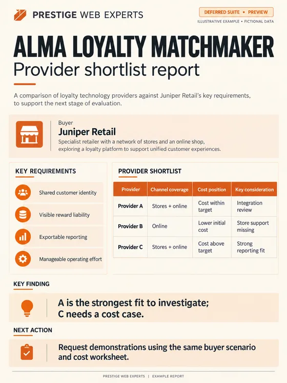 Illustrative deferred Alma Loyalty Matchmaker report showing fictional provider comparisons and buyer requirements.