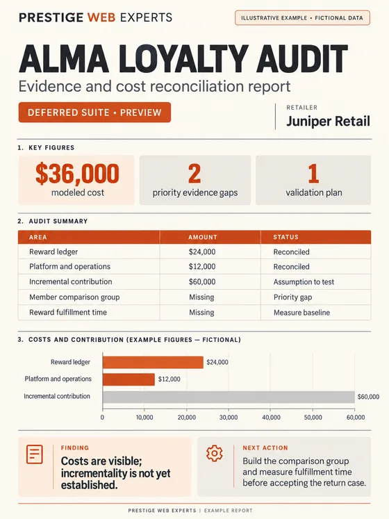 Illustrative deferred Alma Loyalty Audit report showing fictional reconciled costs, evidence gaps and validation plan.