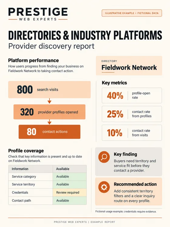 Illustrative Directories and Industry Platforms report for fictional Fieldwork Network showing discovery funnel, profile coverage and contact paths.