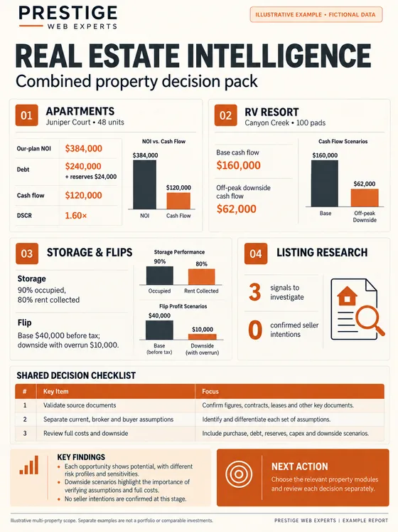 Illustrative Real Estate Intelligence combined report pack with fictional apartment, RV resort, storage, flip and listing-research panels.