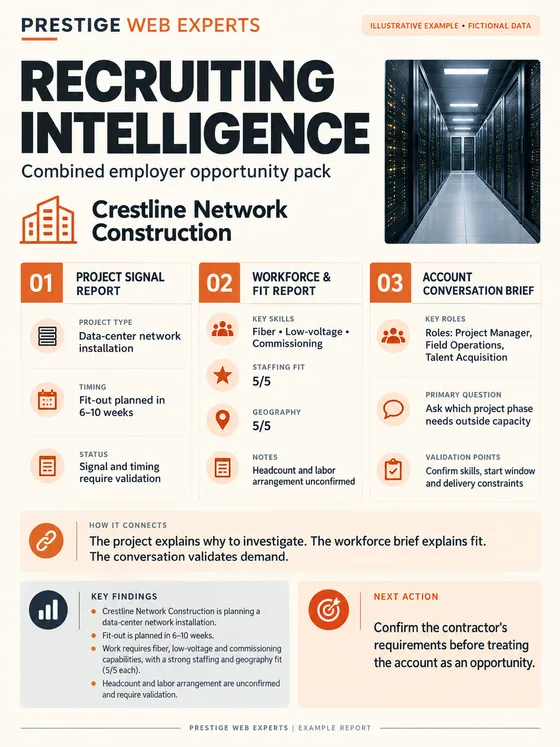 Illustrative Recruiting Intelligence combined report pack with fictional project signal, workforce fit and account conversation panels.