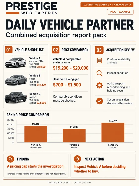 Illustrative Daily Vehicle Partner pilot report pack showing fictional vehicle shortlist, asking-price comparison and acquisition checklist.
